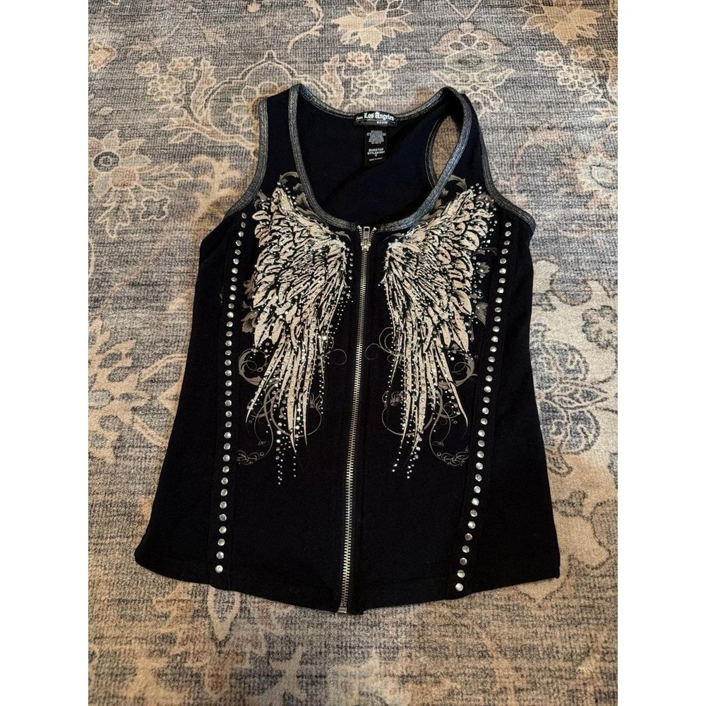 Angel Wings Rhinestone Studded Zip Front Tank Top Y2K Grunge Style